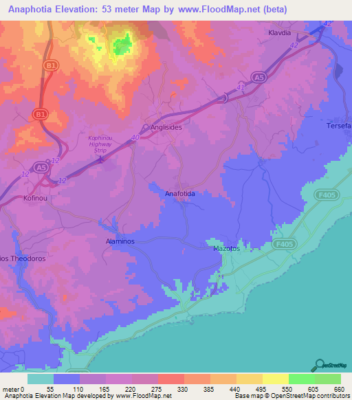 Anaphotia,Cyprus Elevation Map