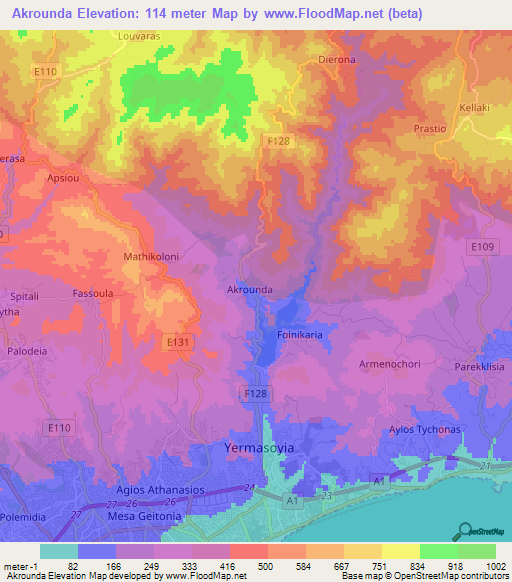 Akrounda,Cyprus Elevation Map