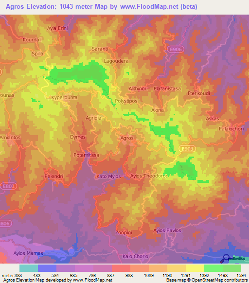 Agros,Cyprus Elevation Map