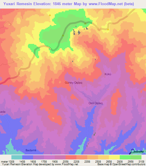 Yuxari Remesin,Azerbaijan Elevation Map