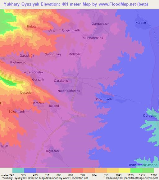 Yukhary Gyuzlyak,Azerbaijan Elevation Map