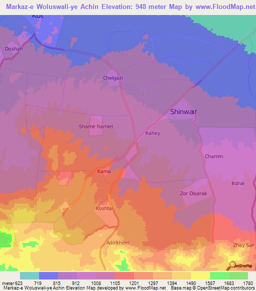 Markaz-e Woluswali-ye Achin,Afghanistan Elevation Map