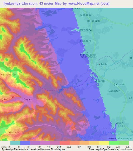 Tyukevilya,Azerbaijan Elevation Map