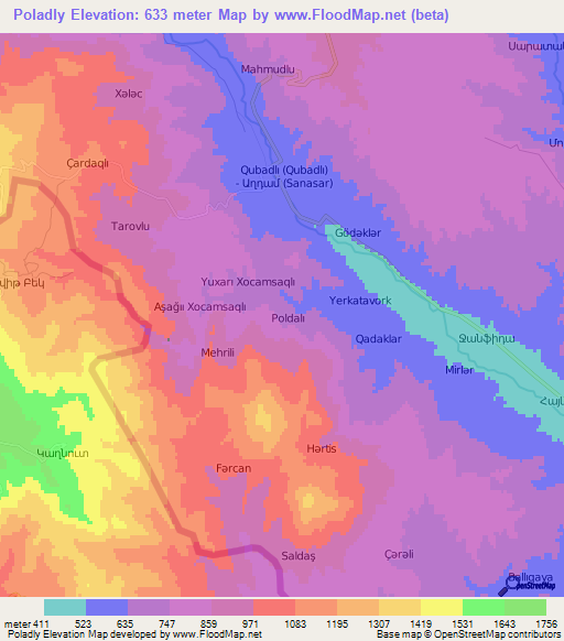 Poladly,Azerbaijan Elevation Map