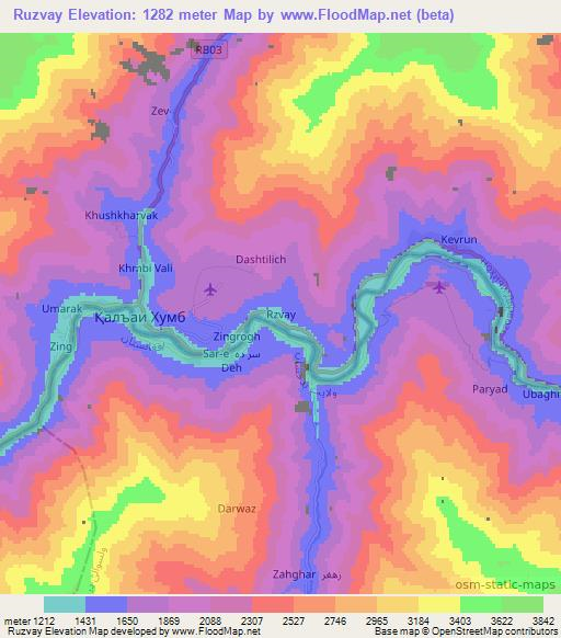 Ruzvay,Tajikistan Elevation Map