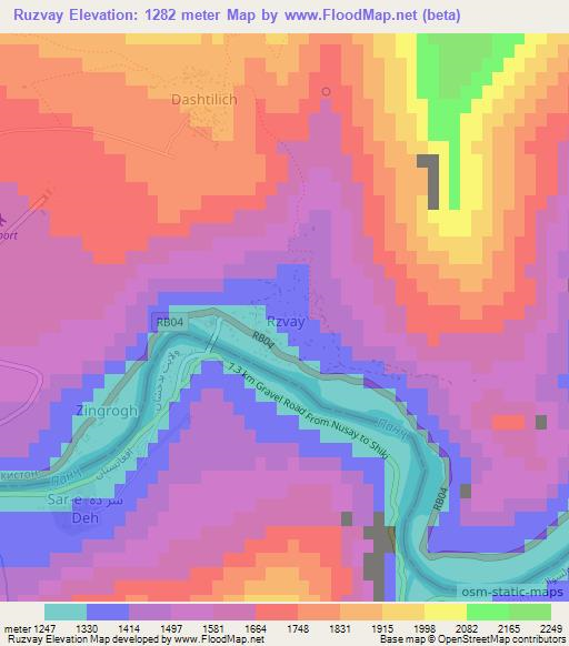 Ruzvay,Tajikistan Elevation Map