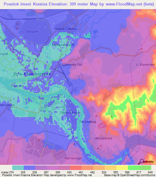 Poselok Imeni Krasina,Kazakhstan Elevation Map