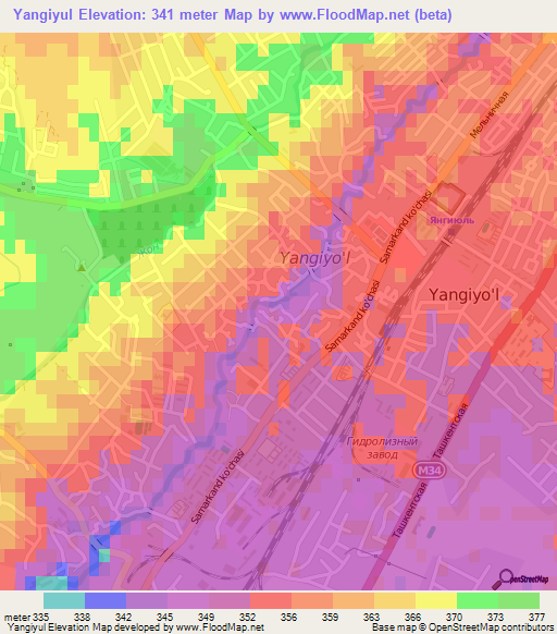 Yangiyul,Uzbekistan Elevation Map
