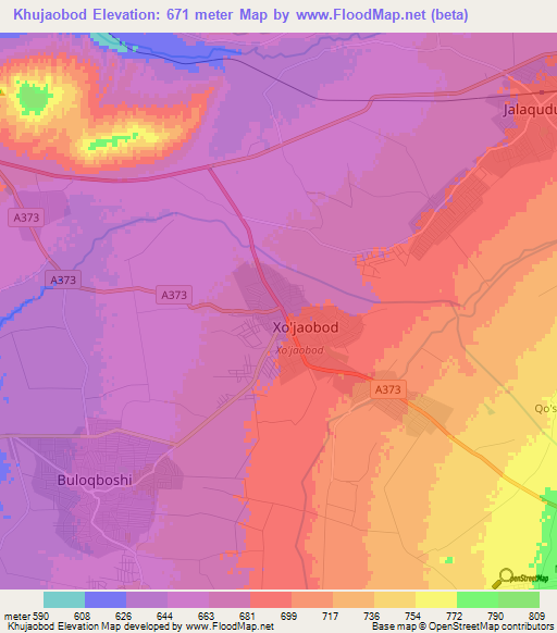 Khujaobod,Uzbekistan Elevation Map