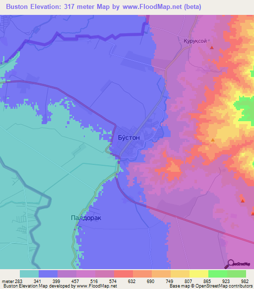 Buston,Tajikistan Elevation Map