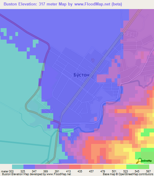 Buston,Tajikistan Elevation Map