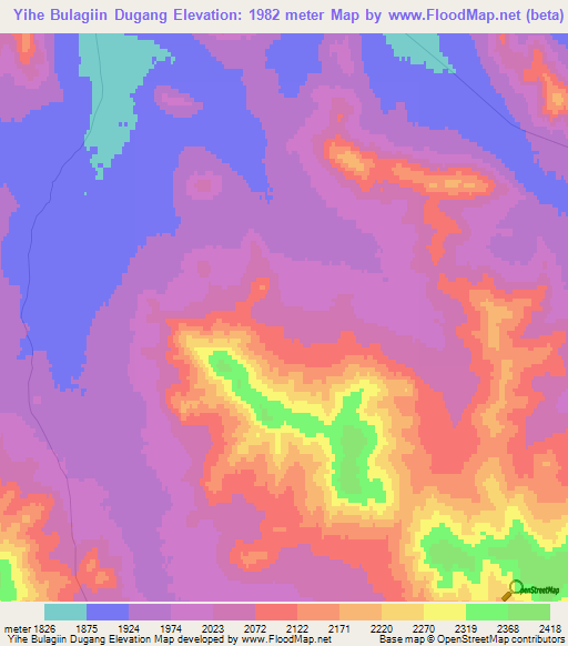 Yihe Bulagiin Dugang,Mongolia Elevation Map