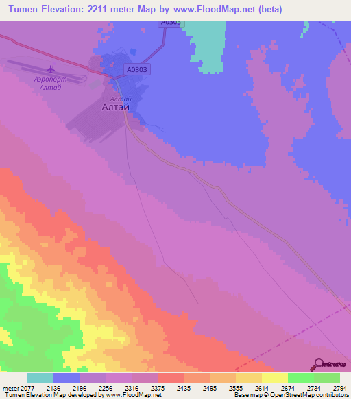 Tumen,Mongolia Elevation Map