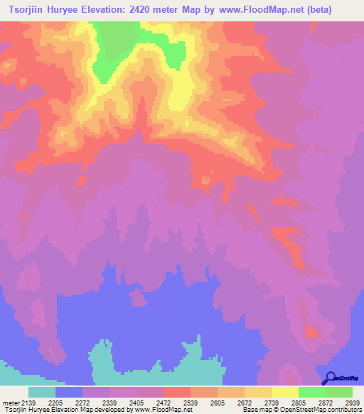 Tsorjiin Huryee,Mongolia Elevation Map