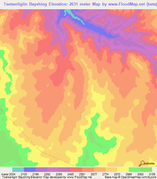 Tsetserligiin Bayshing,Mongolia Elevation Map