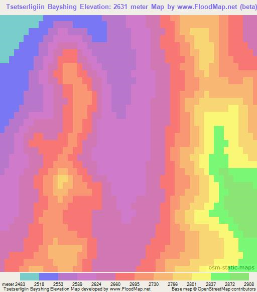 Tsetserligiin Bayshing,Mongolia Elevation Map