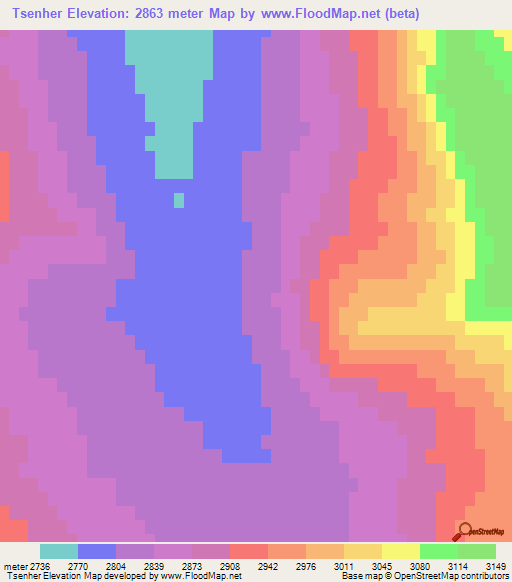 Tsenher,Mongolia Elevation Map