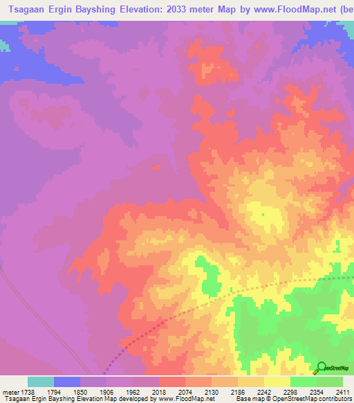 Tsagaan Ergin Bayshing,Mongolia Elevation Map