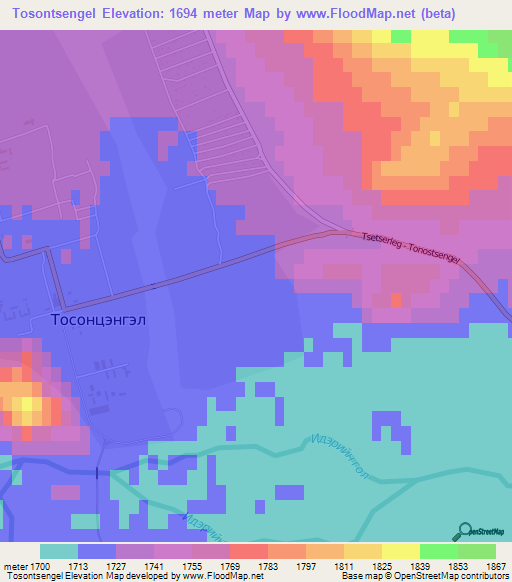 Tosontsengel,Mongolia Elevation Map