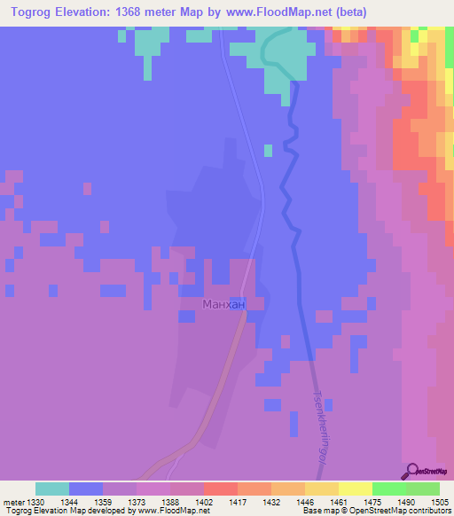 Togrog,Mongolia Elevation Map