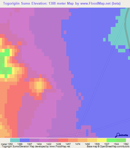 Togorigiin Sume,Mongolia Elevation Map