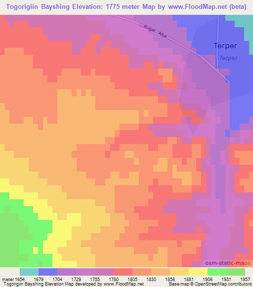 Togorigiin Bayshing,Mongolia Elevation Map