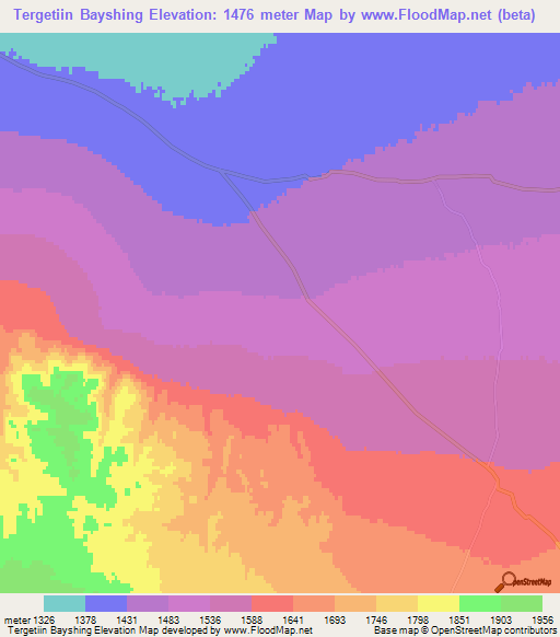 Tergetiin Bayshing,Mongolia Elevation Map