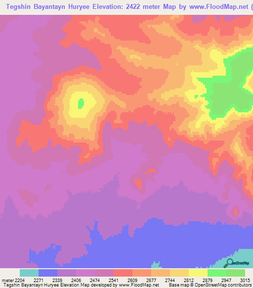 Tegshin Bayantayn Huryee,Mongolia Elevation Map