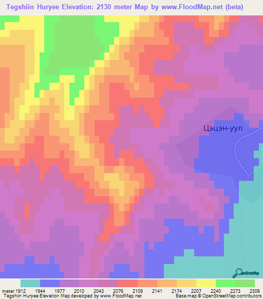 Tegshiin Huryee,Mongolia Elevation Map
