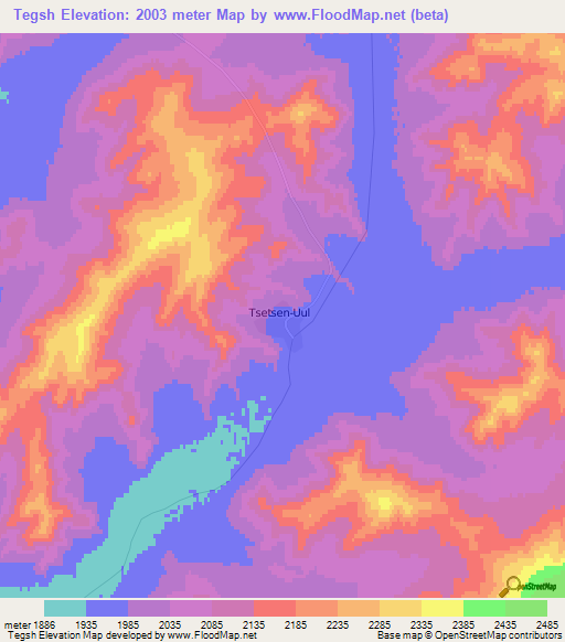 Tegsh,Mongolia Elevation Map