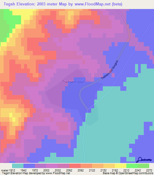 Tegsh,Mongolia Elevation Map