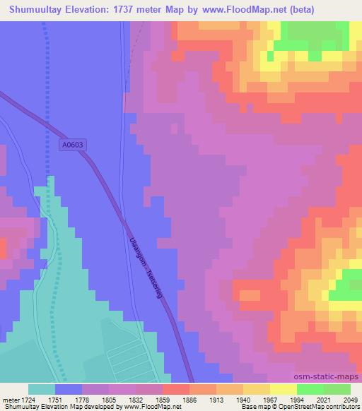 Shumuultay,Mongolia Elevation Map