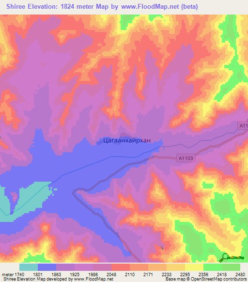 Shiree,Mongolia Elevation Map