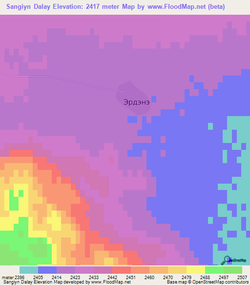 Sangiyn Dalay,Mongolia Elevation Map