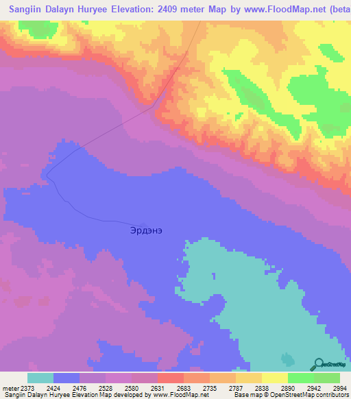 Sangiin Dalayn Huryee,Mongolia Elevation Map