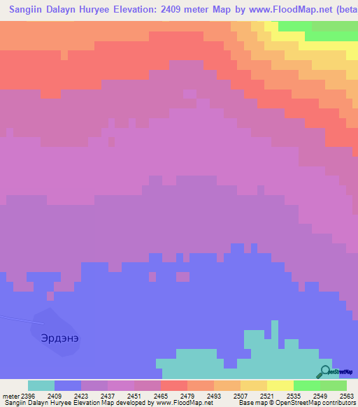 Sangiin Dalayn Huryee,Mongolia Elevation Map