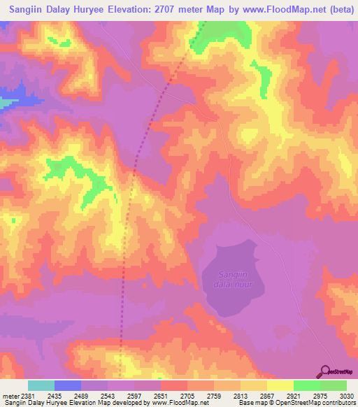 Sangiin Dalay Huryee,Mongolia Elevation Map
