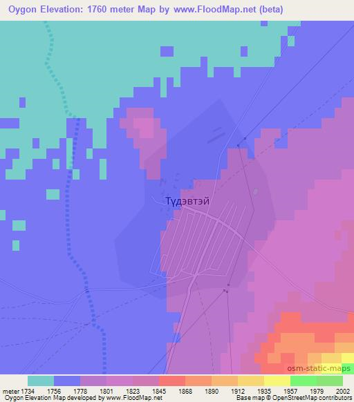 Oygon,Mongolia Elevation Map