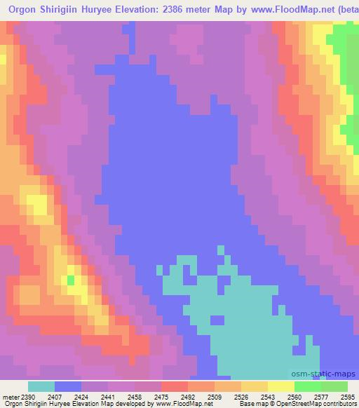 Orgon Shirigiin Huryee,Mongolia Elevation Map