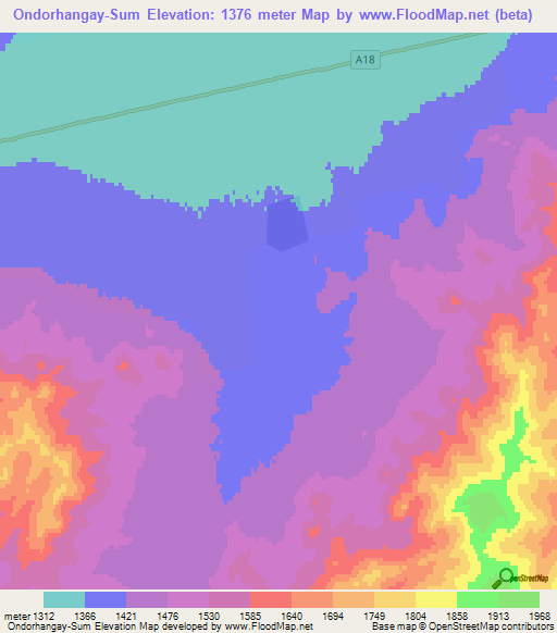 Ondorhangay-Sum,Mongolia Elevation Map