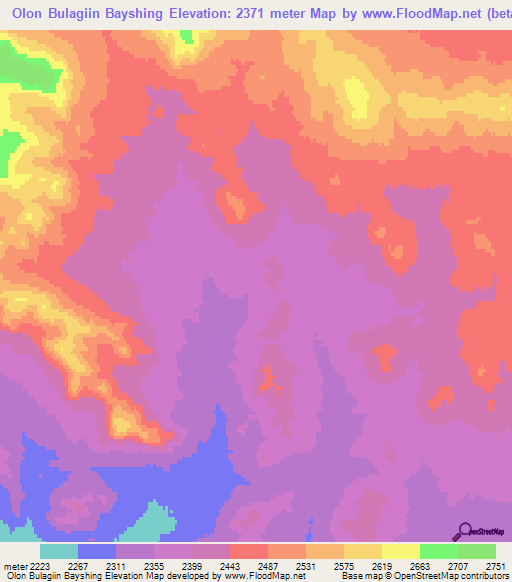 Olon Bulagiin Bayshing,Mongolia Elevation Map