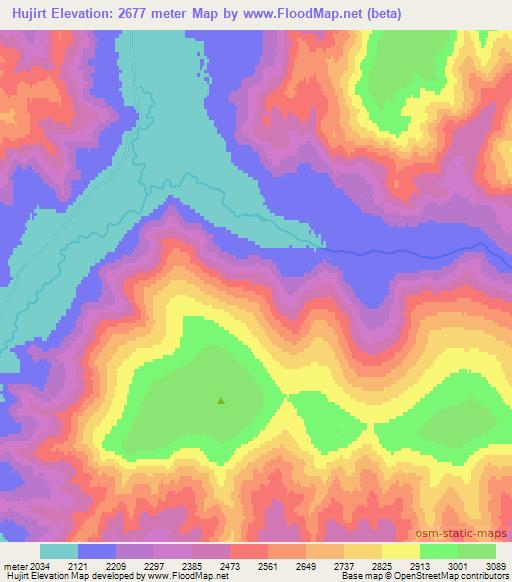 Hujirt,Mongolia Elevation Map