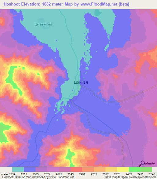 Hoshoot,Mongolia Elevation Map
