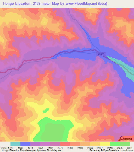 Hongo,Mongolia Elevation Map