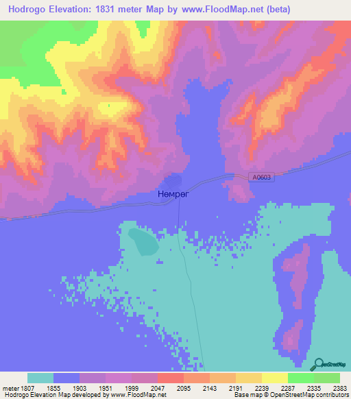 Hodrogo,Mongolia Elevation Map