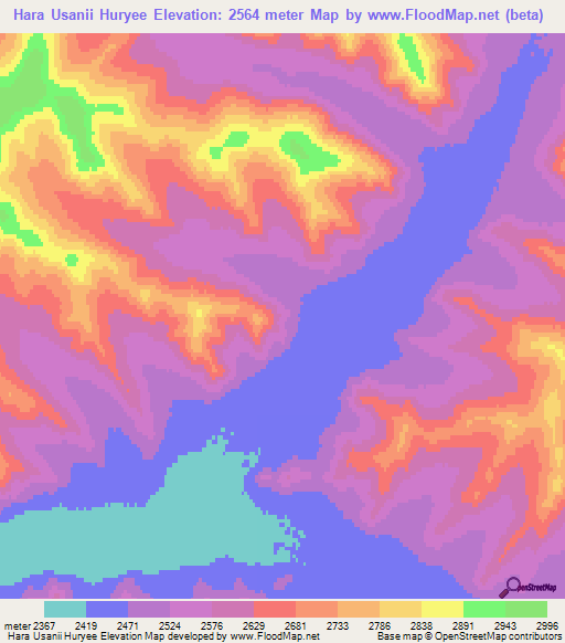 Hara Usanii Huryee,Mongolia Elevation Map