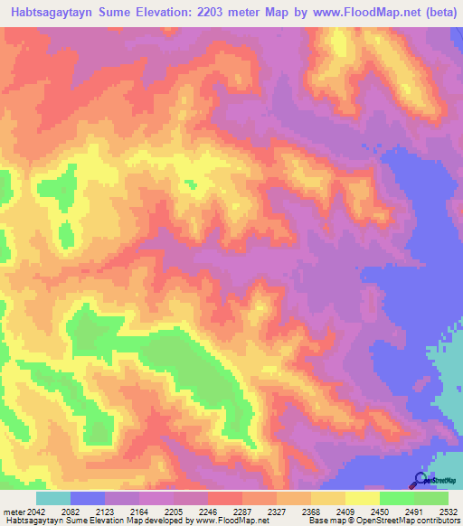 Habtsagaytayn Sume,Mongolia Elevation Map