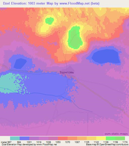 Dzel,Mongolia Elevation Map