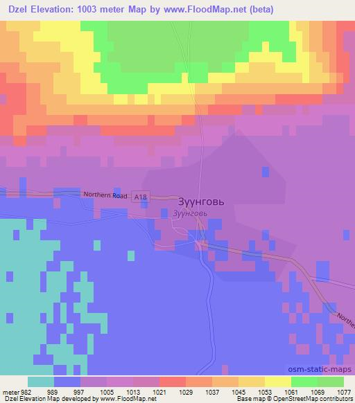 Dzel,Mongolia Elevation Map