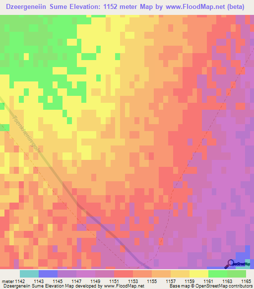 Dzeergeneiin Sume,Mongolia Elevation Map
